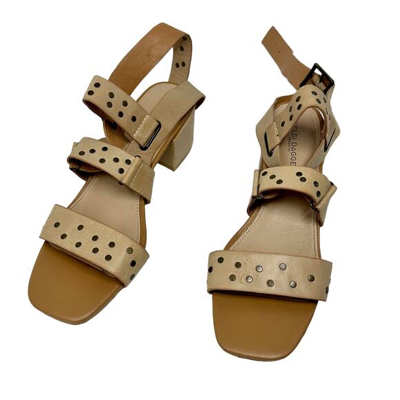 Kelsi Dagger Studded Block Heel Sandal SZ 7.5 Strappy Buckle Nude Coquette Chic - Picture 4 of 14